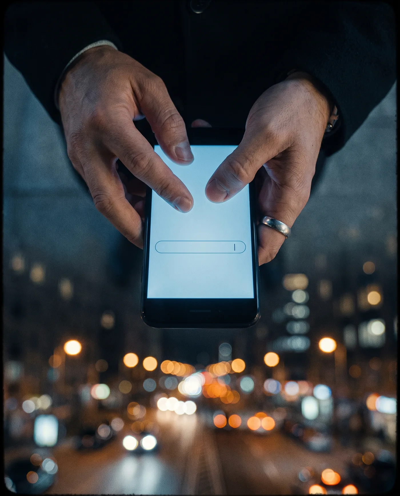 Mãos digitando uma busca no celular